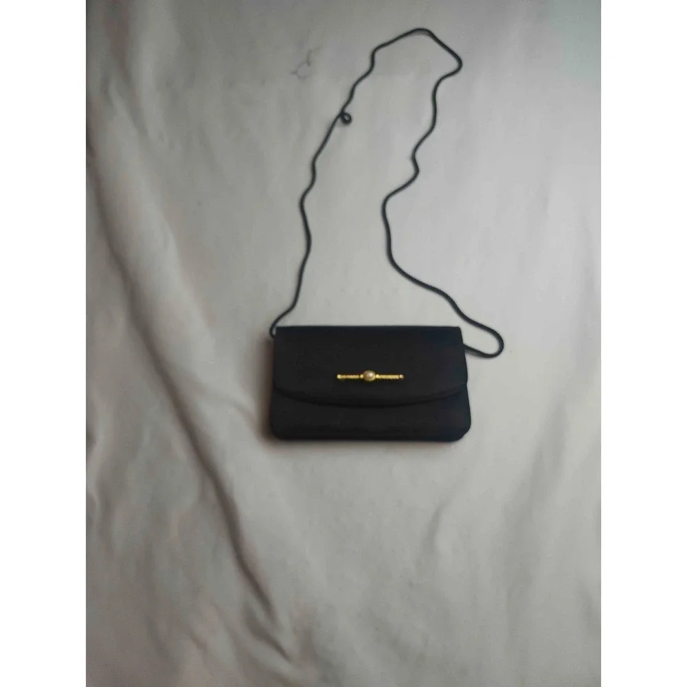 La Regale Clutch Bag Women Black Satin Formal Evening Shoulder Gold Pearl Clasp